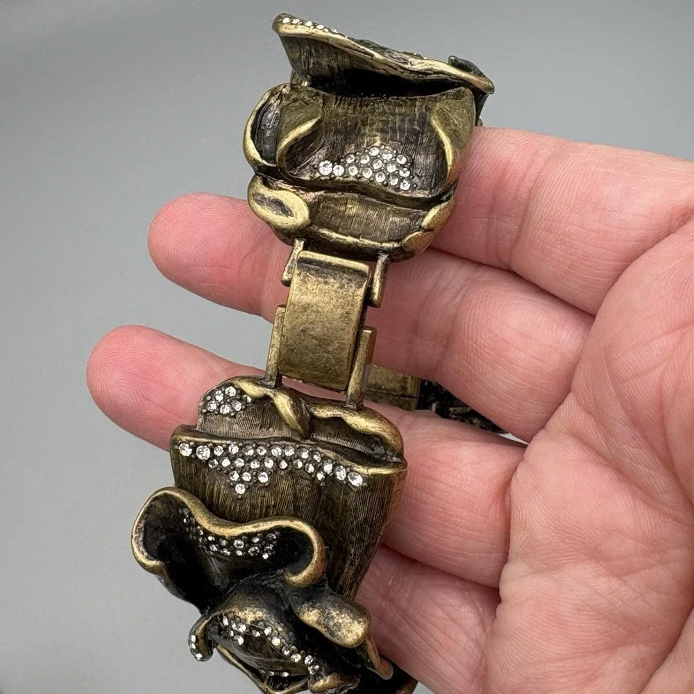 Vintage Rose Statement Bracelet Bronze Crystals Romantic HEAVY